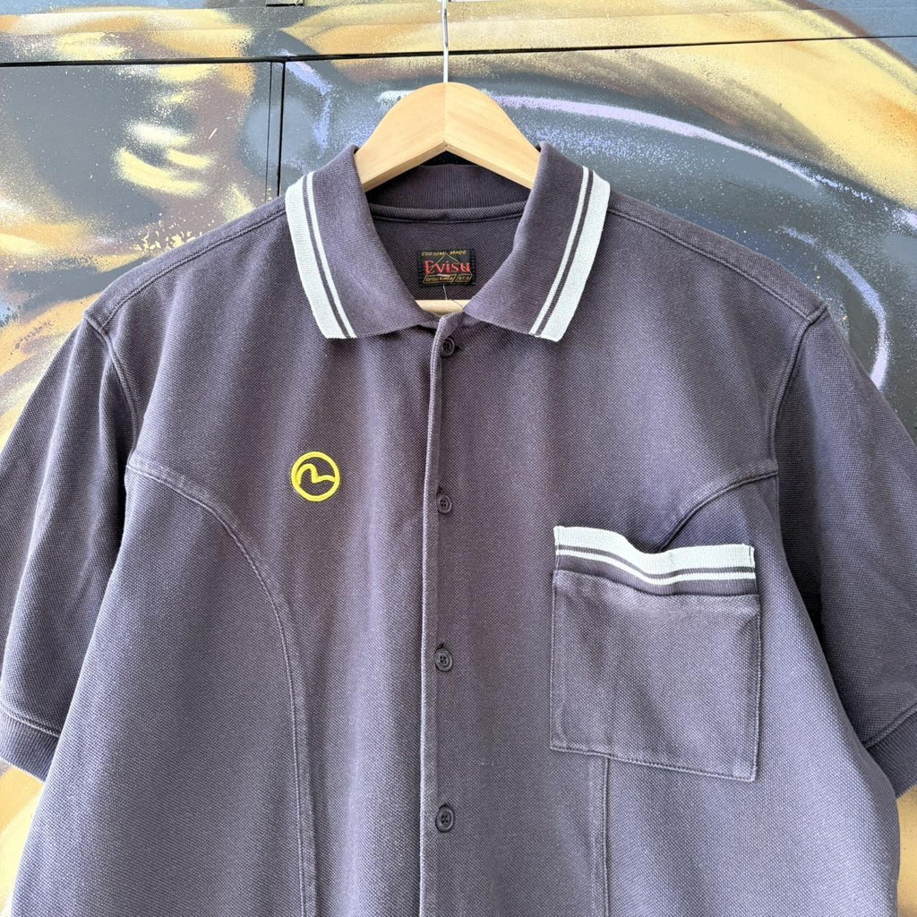 Vintage Retro Evisu Black Full Button Up Cotton Japanese Polo Shirt Short Sleeve striped collared and hem  #Y2K #preppy #chiefkeef #oldmoney #evisu