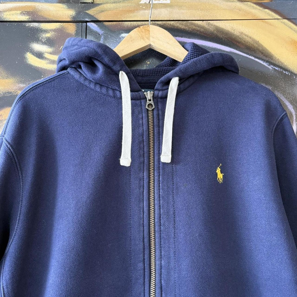 Vintage Ralph Lauren Hoodie Mens XL Navy Full Zip Up Preppy Pony Logo Jumper Thermal Hood Y2K 90s