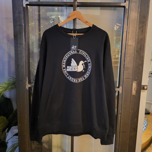 1224A96 - Brand New with Tags Essential Peaceful Hooligan ' Civilian Uniform for Frint Line Manoeuvres ' Black Graphic Print Jumper Pullover Crewneck Sweatshirt 90s y2k style #casual #peacefulhooligan #essential #sweatshirt