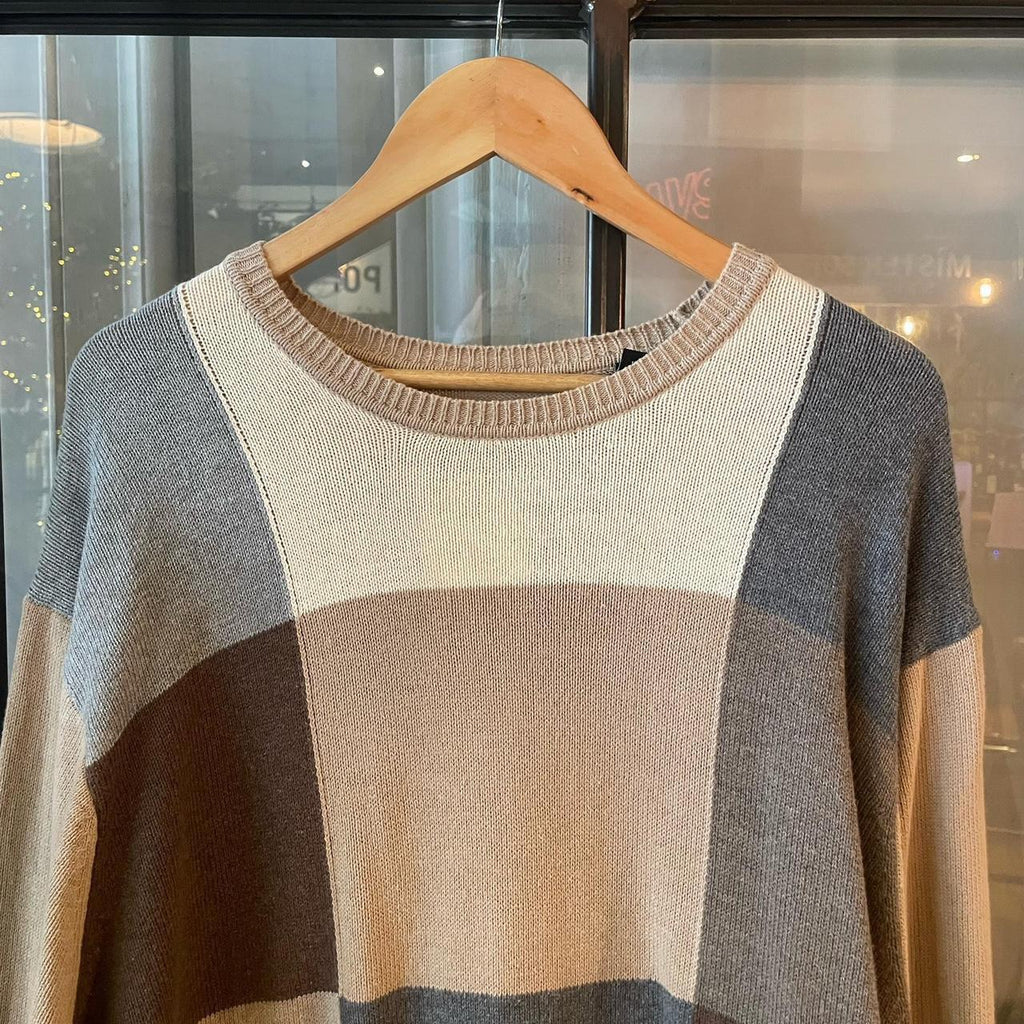 0225H42BR - Vintage Retro Essential Beige patterned argyle golf grandpa cosby sweatshirt crewneck knit Jumper #coogistyle #knitjumper #90s #grandad #knitted