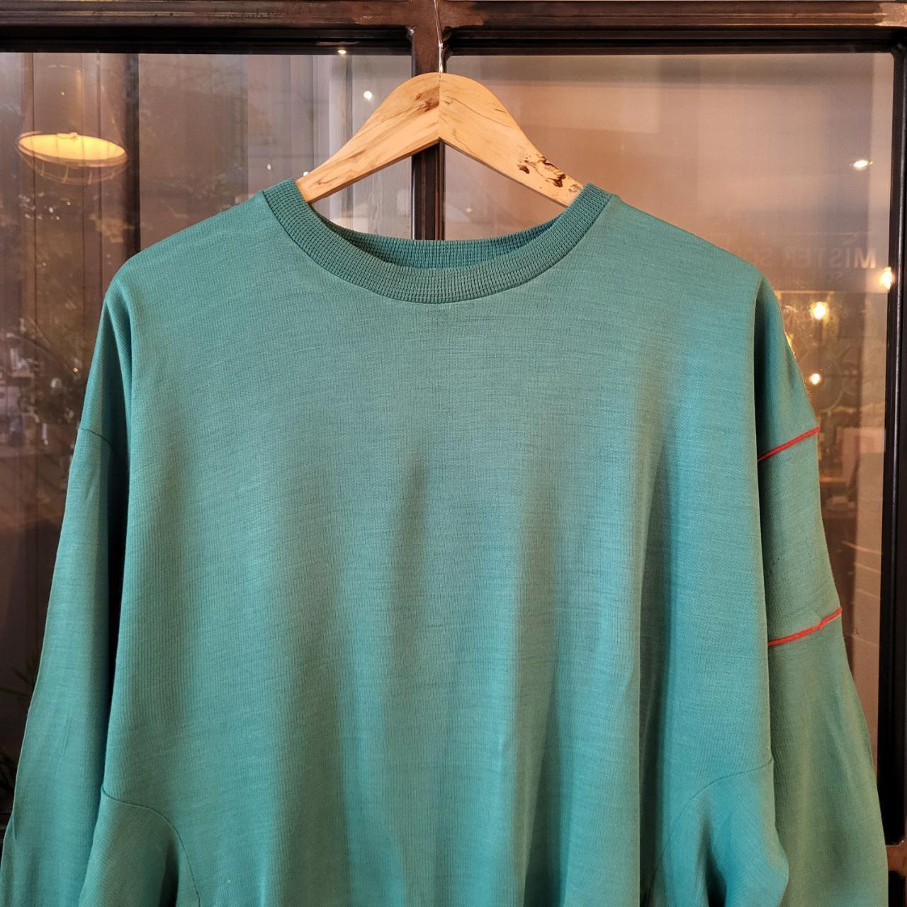 SWT258 - Vintage Retro Essential Adidas Turquiose Green sweatshirt jumper crewneck with Kangaroo Pocket Pouch and minimal red line detailing on arm #adidas #blank #sportswear #90s