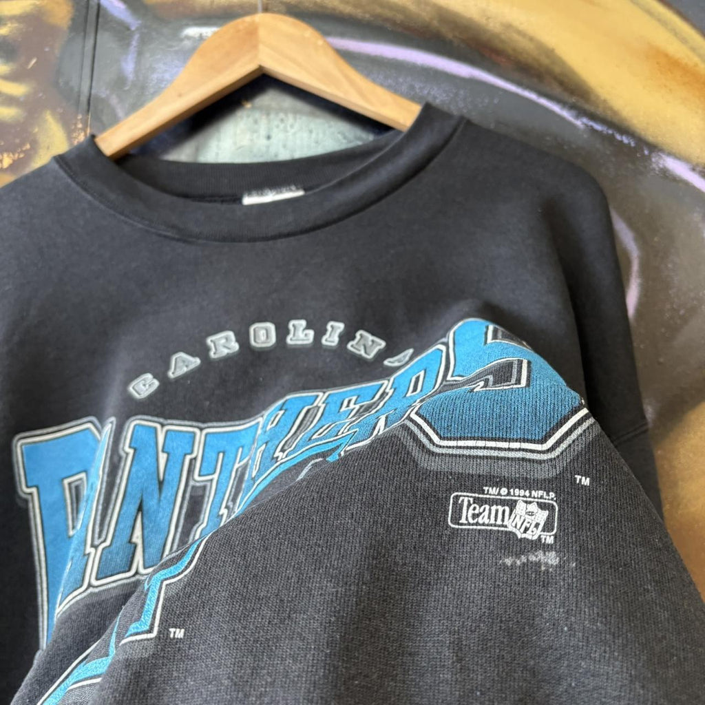 Vintage 1994 Carolina Panthers Sweatshirt Mens XL Black Spellout Logo NFL USA Jumper Top Y2K 90s