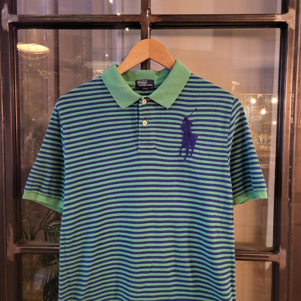 POL076 - Vintage Ralph Lauren Green blue Stripe Polo Shirt Short Sleeve collared button up top #Y2K #preppy #chiefkeef #bigpony