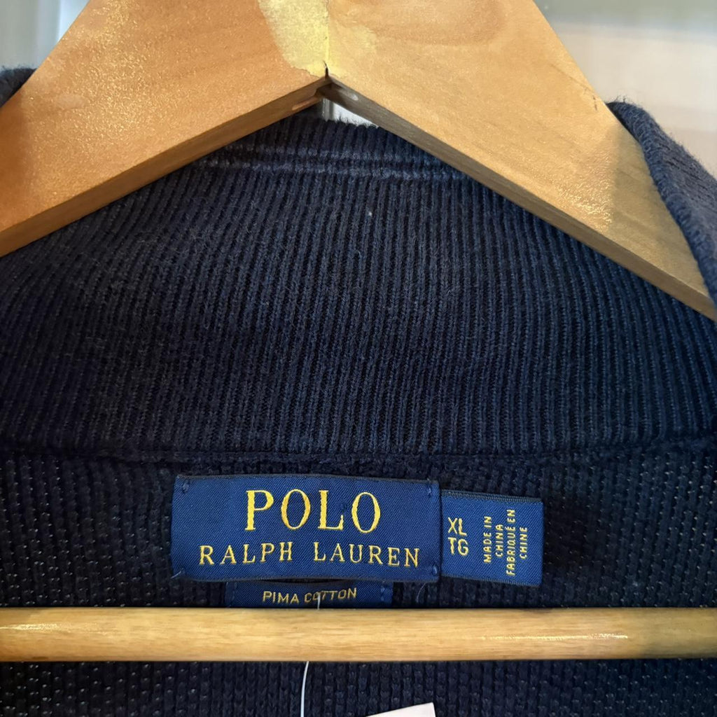 0125D76F - Vintage Retro Essential Navy Polo Ralph Lauren 1/4 Zip Fleece Jumper Sweatshirt with embroidered logo #y2k #pimacotton #poloralphlauren #oldmoney #preppy