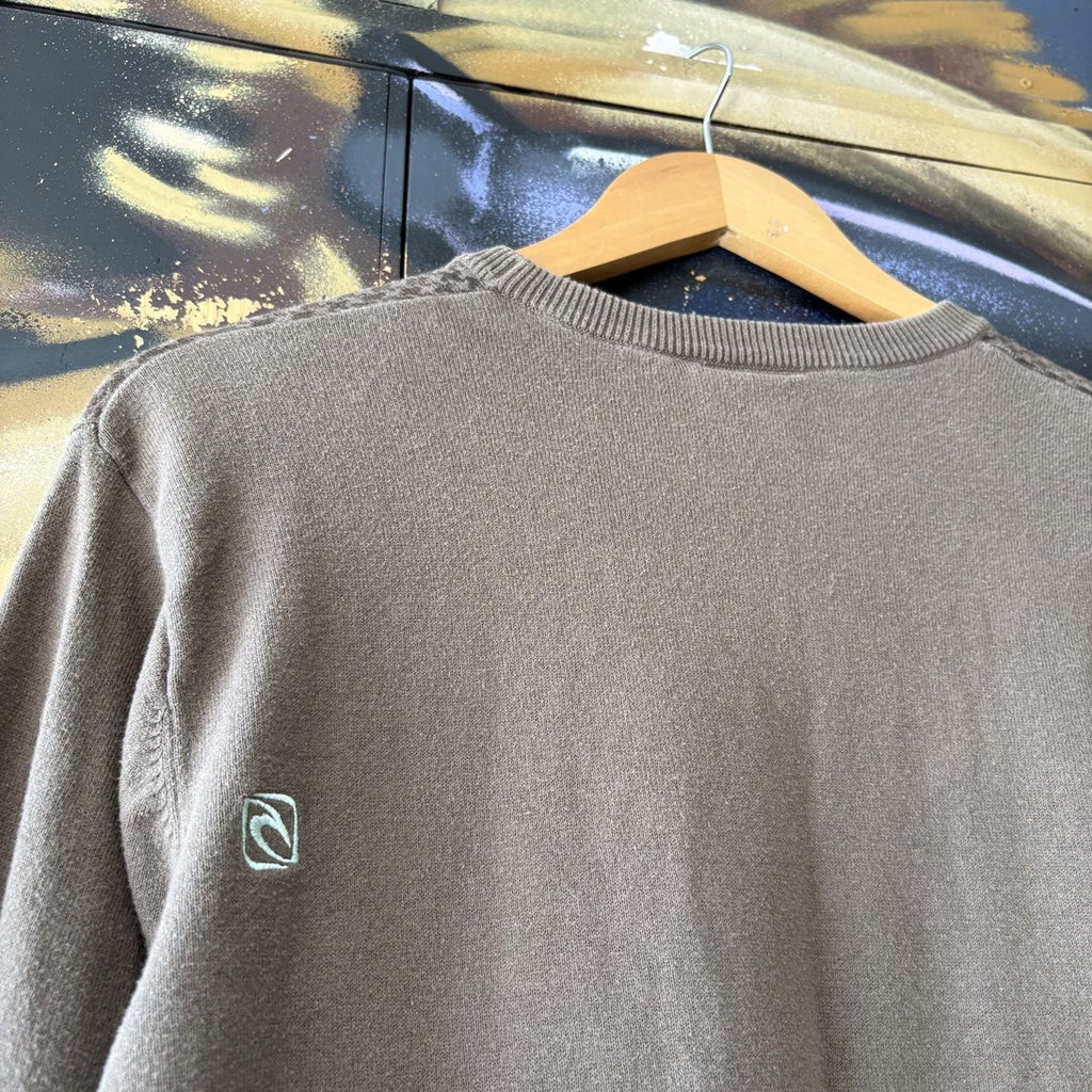 Vintage Ripcurl Sweatshirt Mens Medium Brown Cross Stitch Pattern Graffiti Script Embroidered Logo Knit Jumper Surf Top 90s Y2K 00s