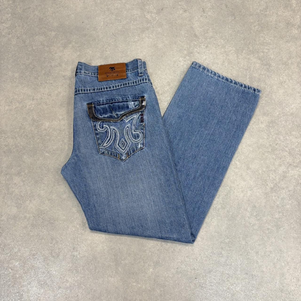 BR1209CB-U - Vintage retro essential  Mek Denim USA Blue Wash Denim Jeans Trousers pants with y2k embroidered detailing #denim #usa #jeans #y2k #embroidered
