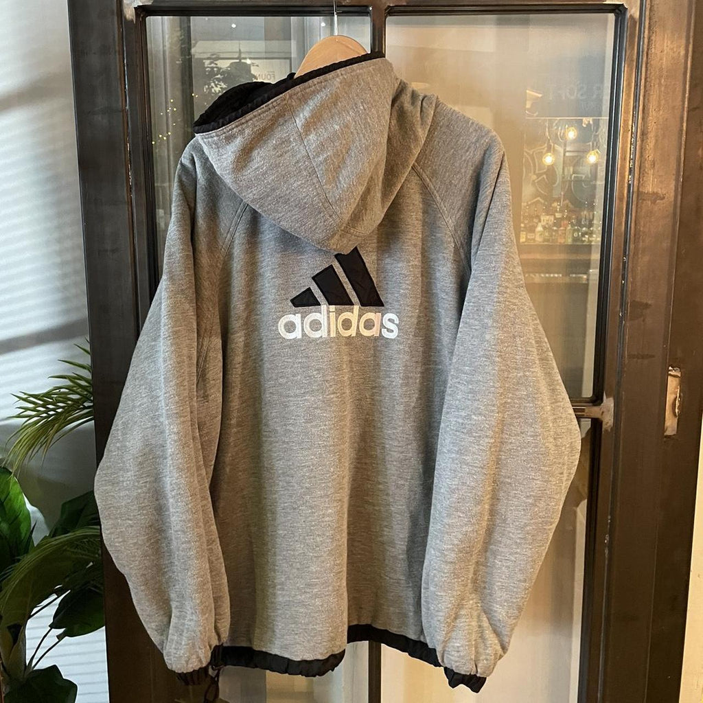 JCF000-U - Vintage essential adidas grey reversible full zip jacket coat sweatshirt lining and windbreaker reverse #adidas #3stripes #reversible #jacket #fullzip