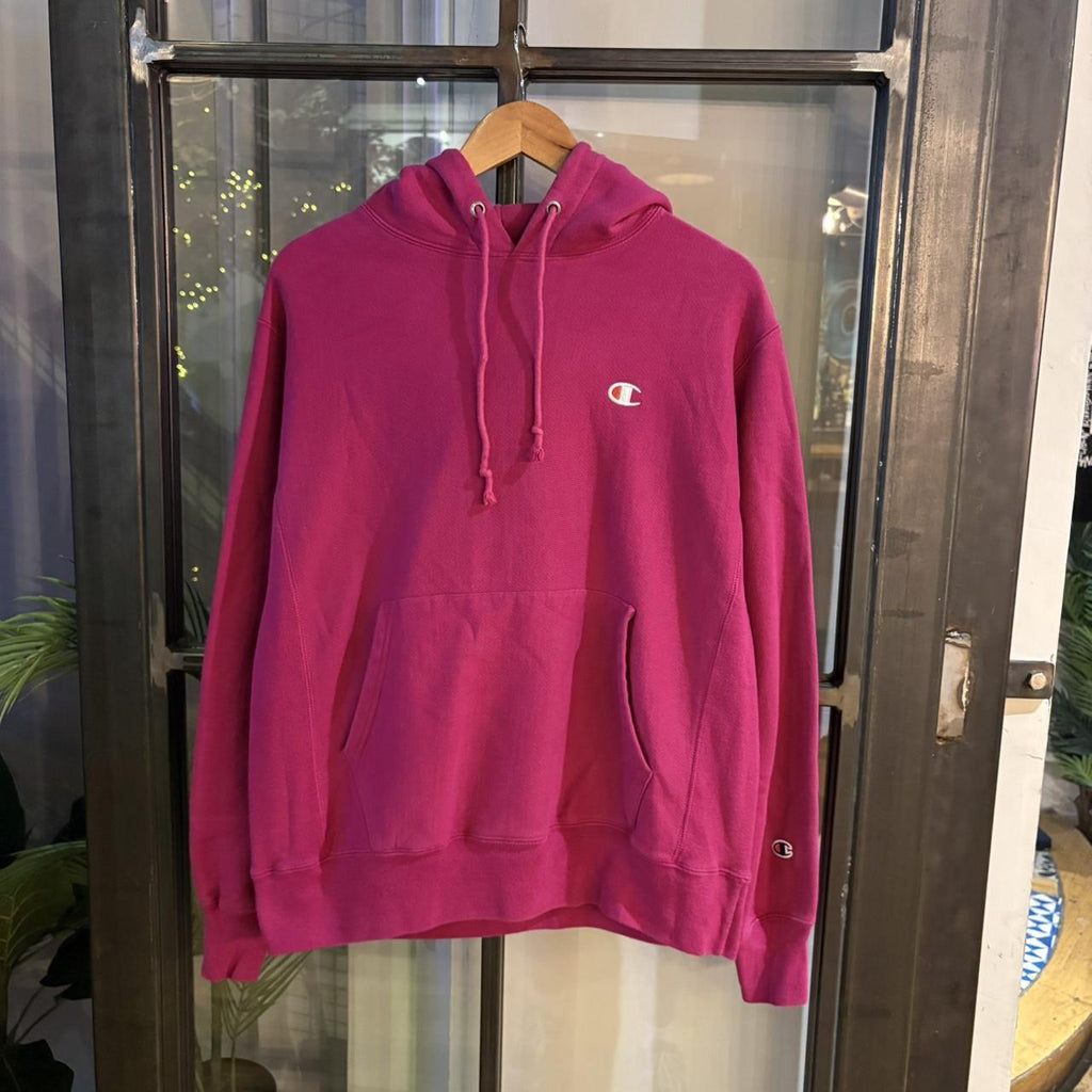 SWT365 - Vintage Retro Essential Champion Pink Hoodie Jumper Sweatshirt with big spellout embroidered logo #90s #sportswear #essential #champion #y2k
