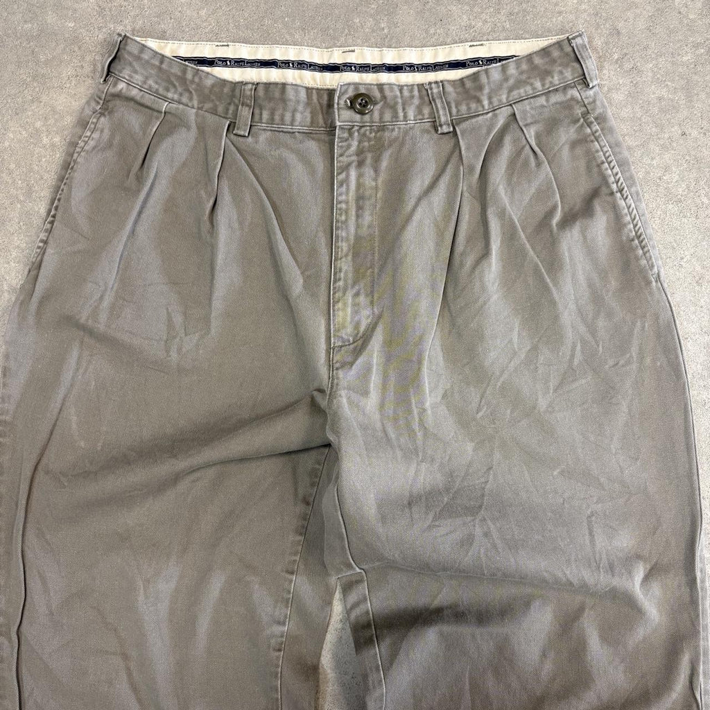 Vintage Polo Ralph Lauren Trousers Mens 35x30 Grey Double Pleated Chinos Preppy Old Money Ivy League Y2K 90s