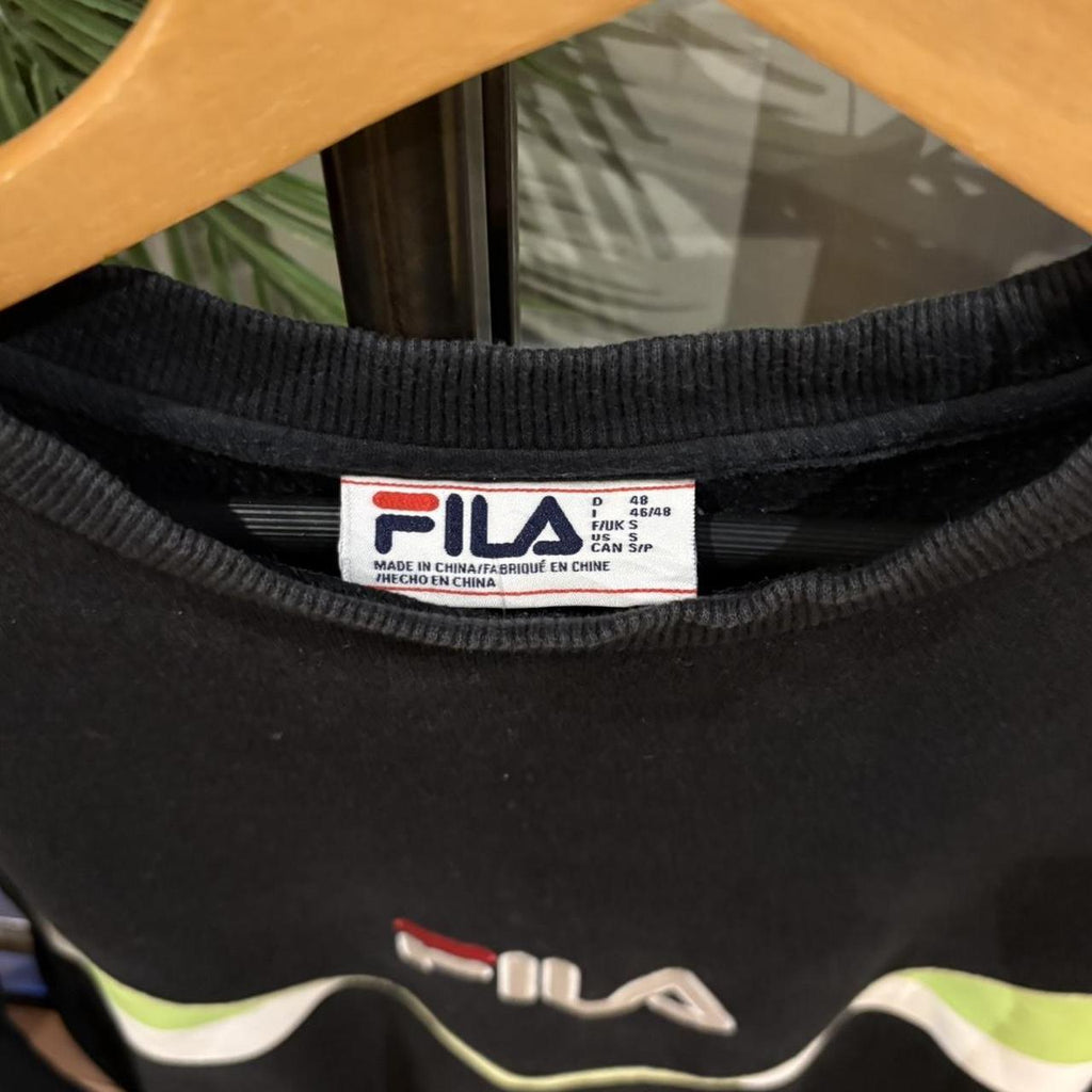 Vintage Retro Essential Black Fila Patterned Crewneck Jumper Sweatshirt with embroidered amd print logos #90s #sportswear #essential #y2k #fila