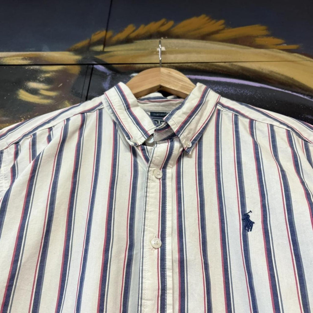 BR1912YK-U - Vintage Ralph Lauren White and Blue Striped Short Sleeve collared button up polo shirt top #Y2K #preppy #chiefkeef #smartcasual #oldmoney