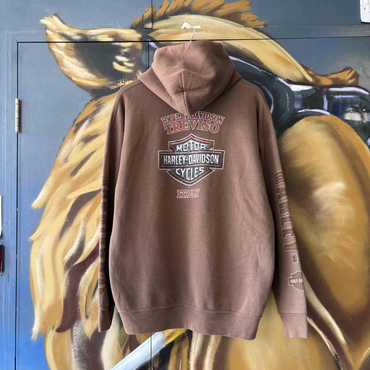 Vintage Harley Davidson Hoodie Mens  Large Brown Italy Treviso Biker Logo Graphic Print Jumper Top 90s Y2K 00s