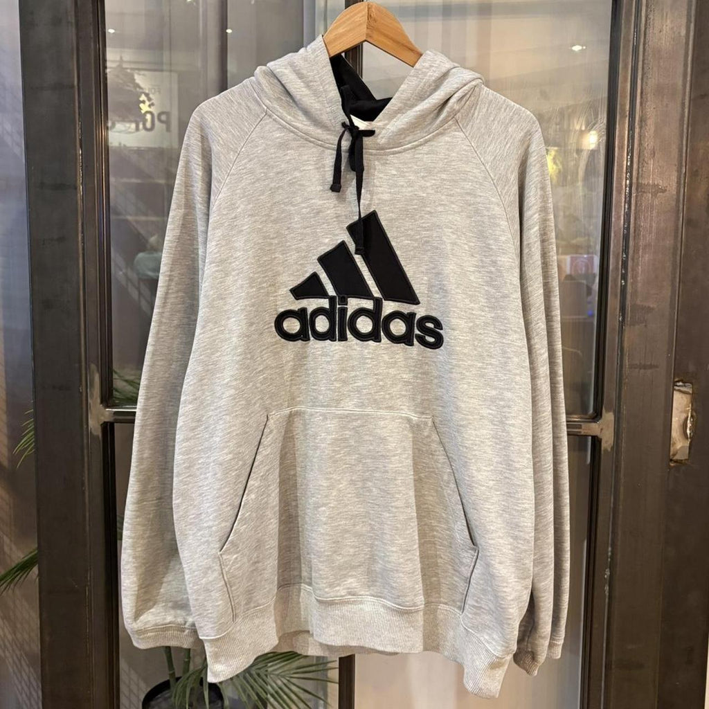 MA0109FL-P - Vintage Retro Essential Grey Adidas Sweatshirt Hoodie with embroidered big centre logo #90s #sportswear #essential #adidas #y2k