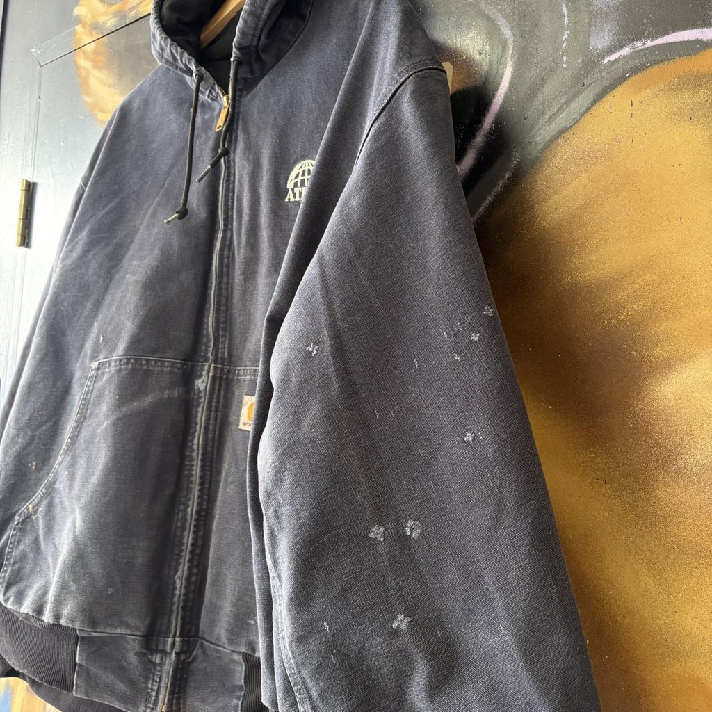 Vintage Carhartt Active Jacket Mens XL Navy J131-DNY Made In USA Full Zip Hooded Canvas Heavyweight Coat 90s Y2K