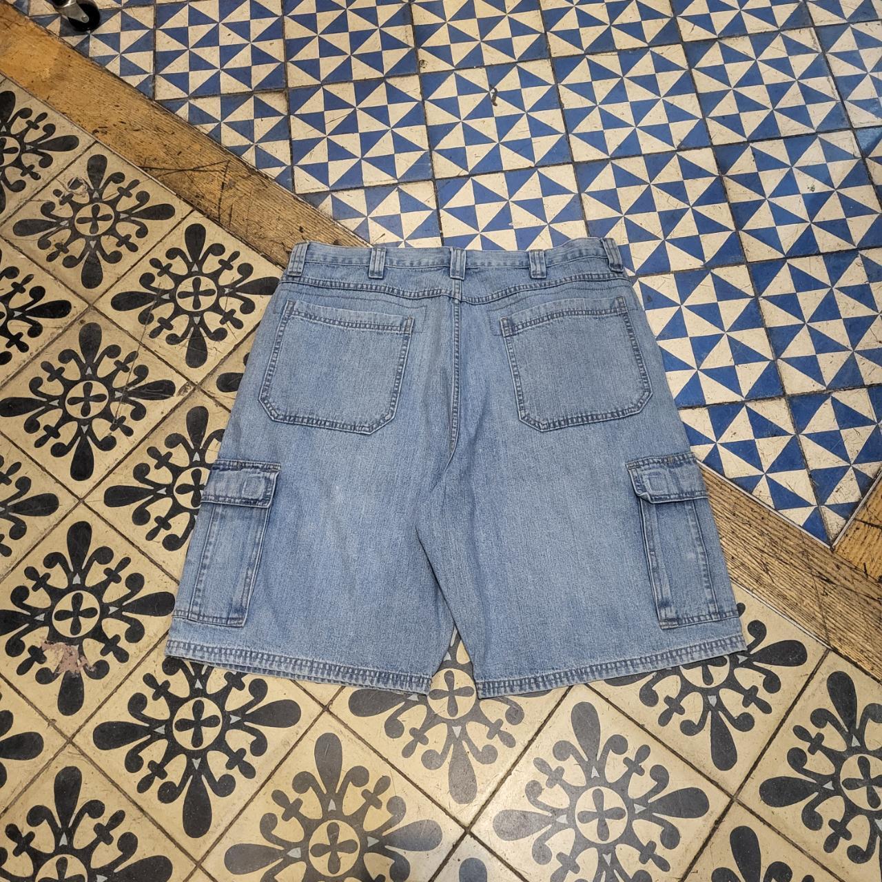 JRT316 - Vintage Retro Denim Oversized Baggy Shorts Jorts with detailed embroidered Logo graphic carpenter workwear Old School Hip Hop skate grunge faded 90s Y2K style