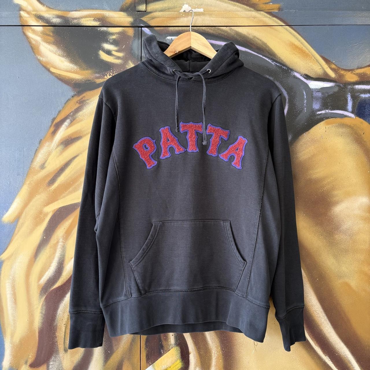 Patta Hoodie Mens Medium Black Biker Logo Felt Amsterdam Pullover Sweatshirt Jumper Top 90s Y2K 00s
