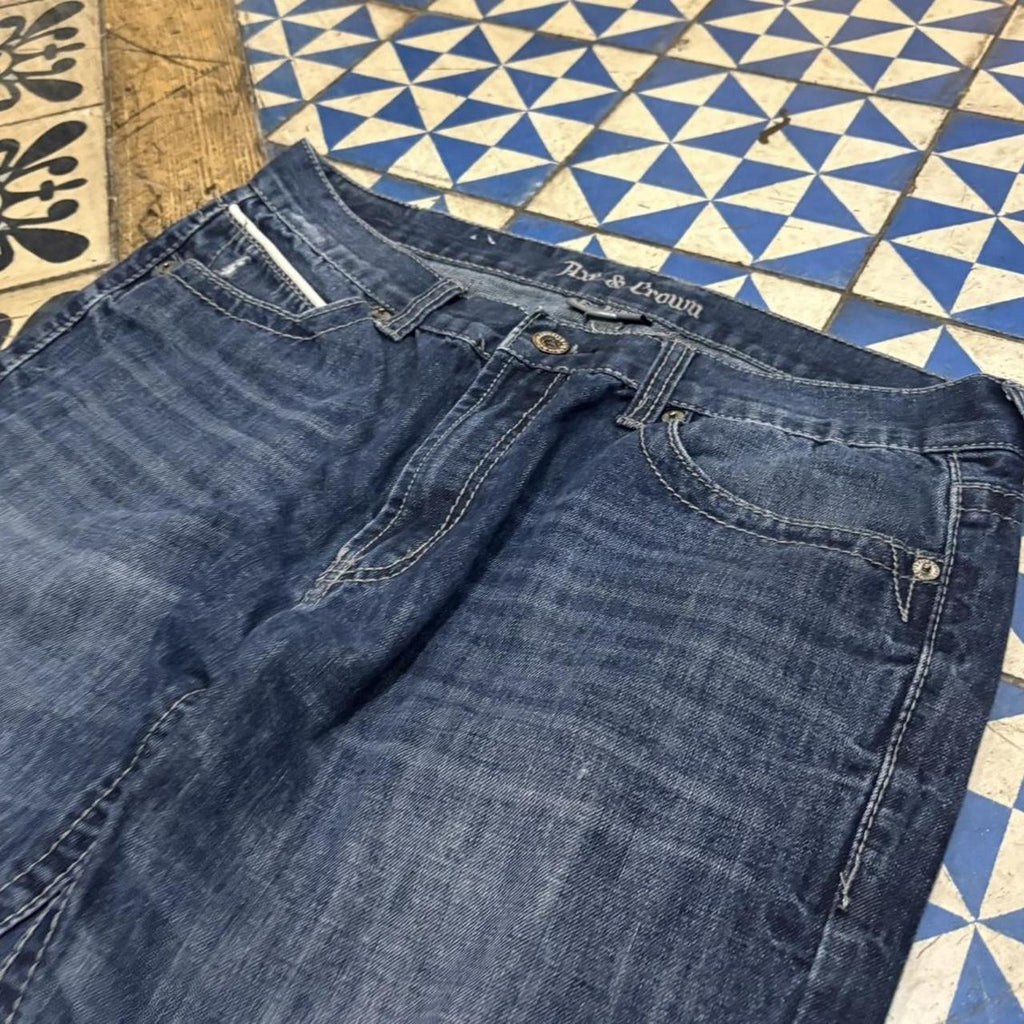 0325C95UF - Vintage retro essential Axe & Crow Dark Blue Wash Denim Jeans Trousers pants with embroidered pattern stitched detailing #denim #slimfit #axe&crow #embroidered #y2k