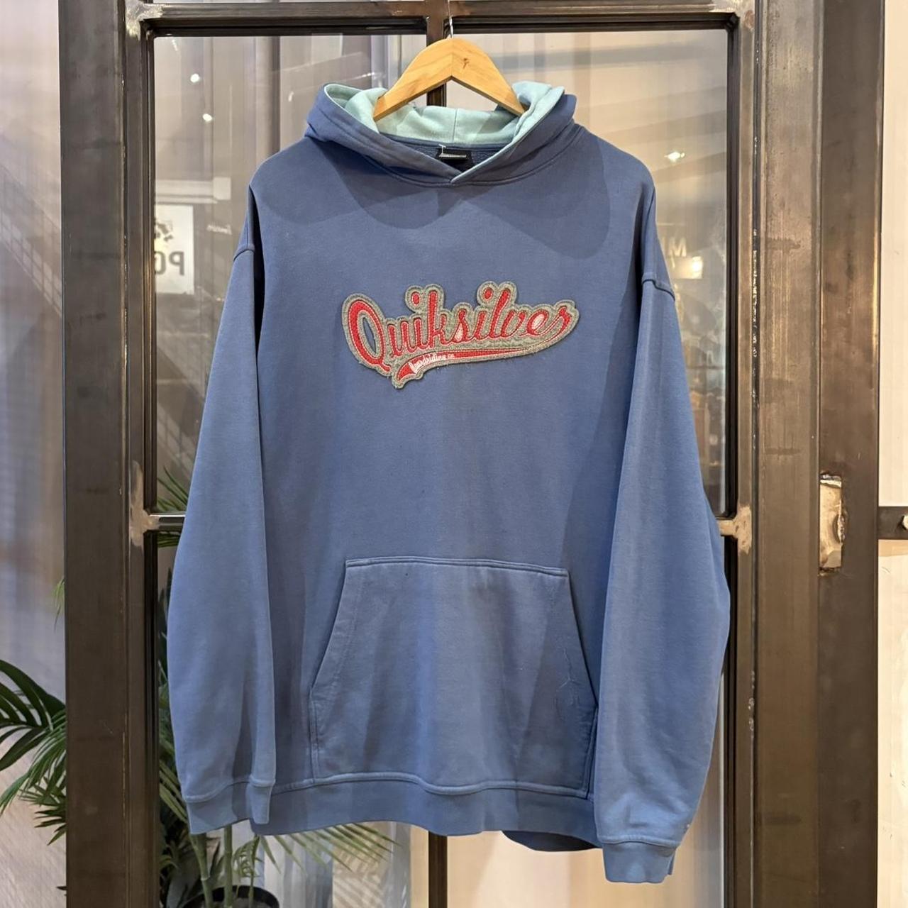 Vintage Quiksilver Hoodie Mens XL Blue Centre Spellout Logo Jumper Pullover Skate Surf Y2K 90s 2000s
