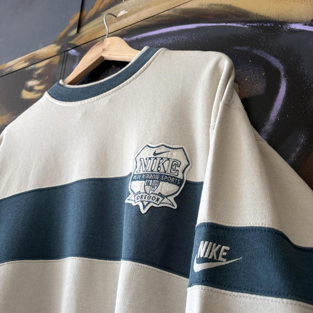Vintage Nike Sweatshirt Mens Medium Blue Off White Blue Ribbon Sports Patch Logo Ribbed Pullover Jumper Top 90s Y2K 00s