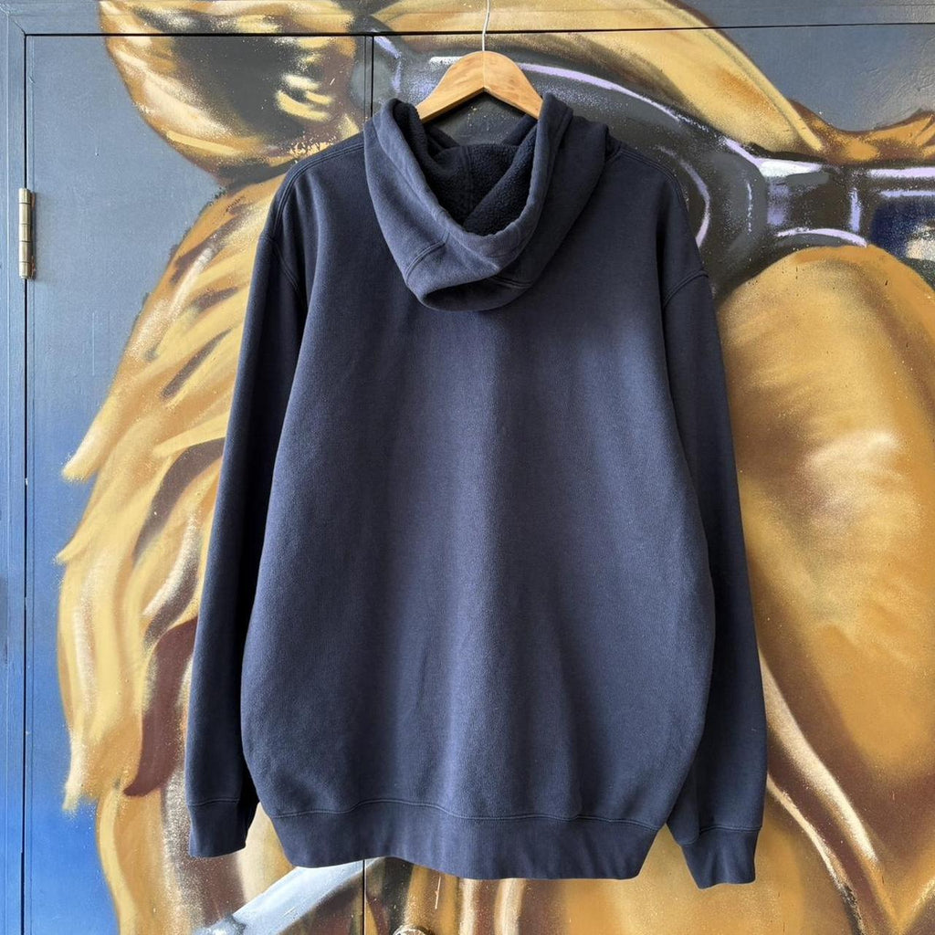 Carhartt WIP Hoodie Mens XL Navy Logo Spellout Sweatshirt Streetwear Skate Pullover Kangaroo Pouch Jumper Top 90s Y2K