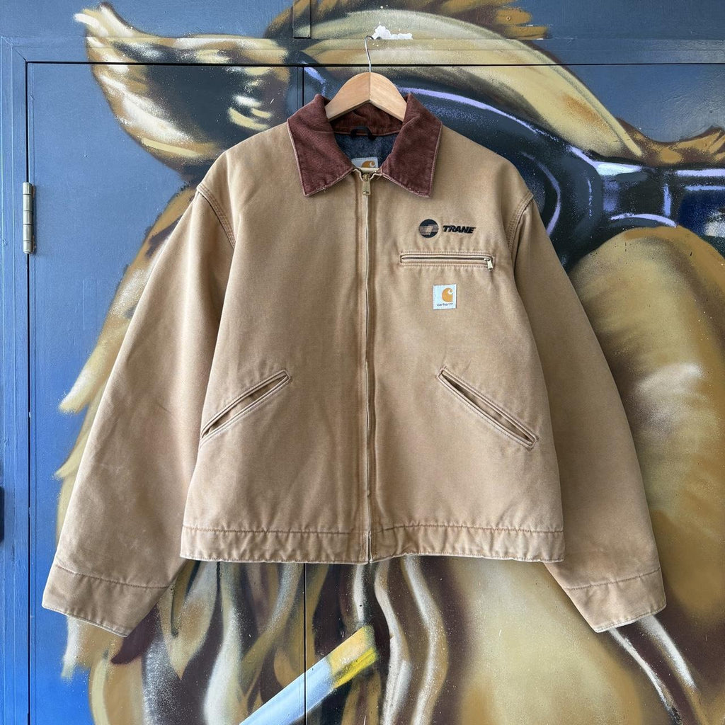 Vintage Carhartt Detroit Jacket Mens Large Full Zip Coduroy Collar Made in USA J001-BRN Workwear Canvas Heavyweight Coat 90s Y2K