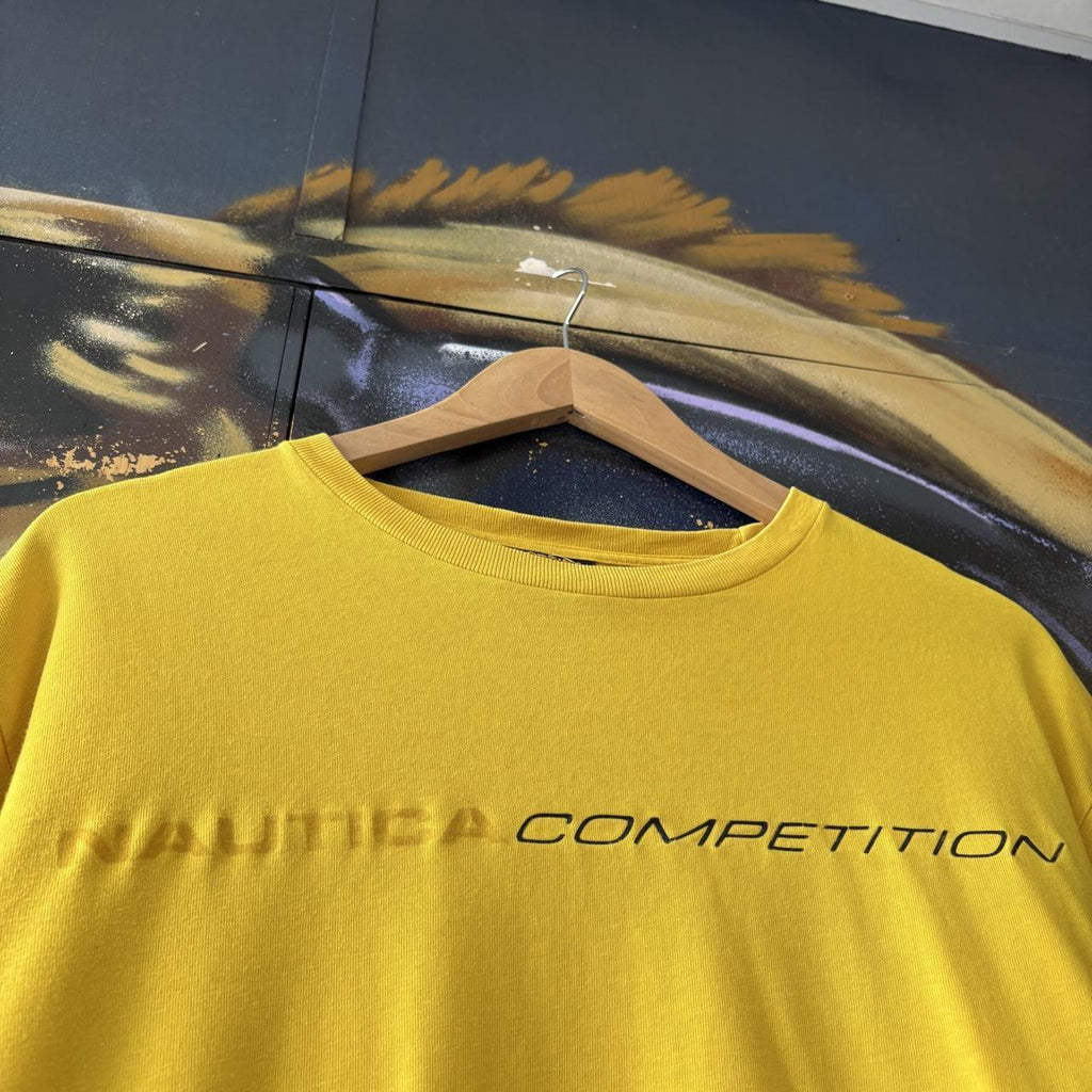 Nautica Competition T shirt Mens Medium Yellow Longsleeve Side Stripe Sailing Graphic Print Streetwear Tee Top 90s Y2K 00s