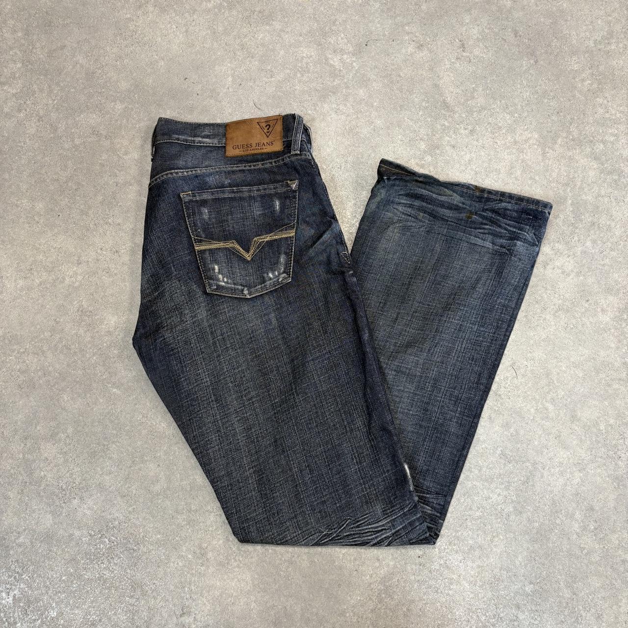 Vintage Guess Jeans Mens 36x34 Blue Denim Wash Ripple Patina Bootcut Embroidered Trousers 2000s 00s Y2K