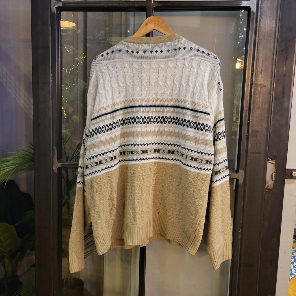 WDB061 - Vintage Retro Beige Cream grandad knit Patterned Sweatshirt Knitwear sweater Jumper #hiphop #coogi #biggie #grandad #sweater