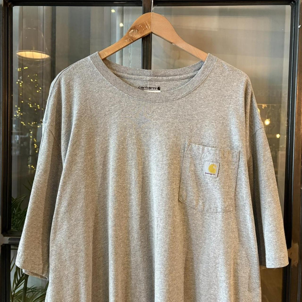 TEE497F - Vintage Retro Essential Grey Carhartt Pocket Top Tee T-shirt with embroidered patch logo #skater #workwear  #carhartt #y2k #pockettee