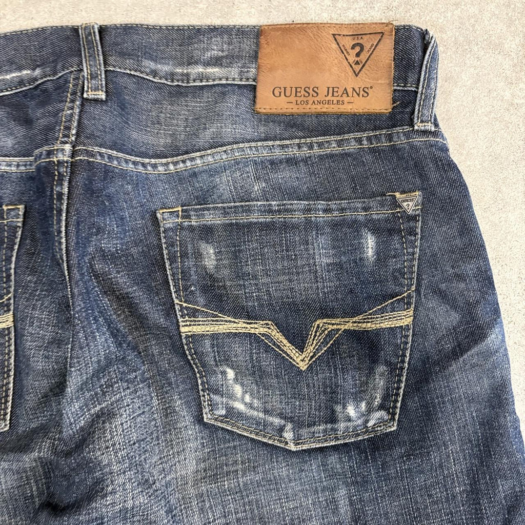 Vintage Guess Jeans Mens 36x34 Blue Denim Wash Ripple Patina Bootcut Embroidered Trousers 2000s 00s Y2K