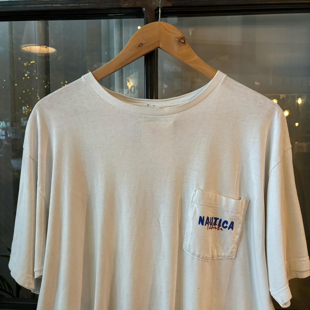 0325A76F - Vintage Retro Essential White Nautica Hawaiian Shirts Graphic Print Top Tee T-shirt #90s #graphic #hawaiianshirt #nautica #hawaii