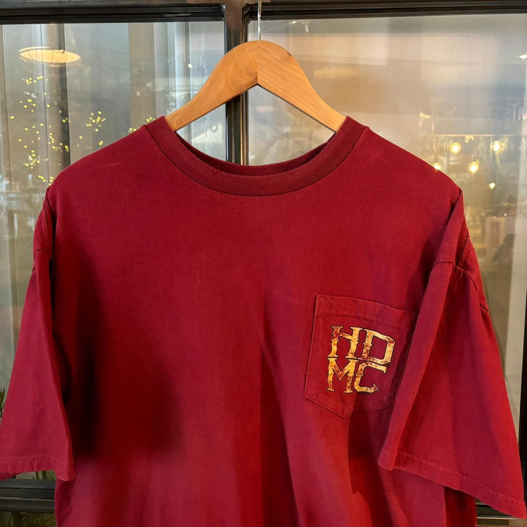 TEE413P - Vintage Retro Essential Burgundy Schaffers Harley Davidson  Graphic Print Pocket Top Tee T-shirt #90s #graphic #harleydavidson #biker