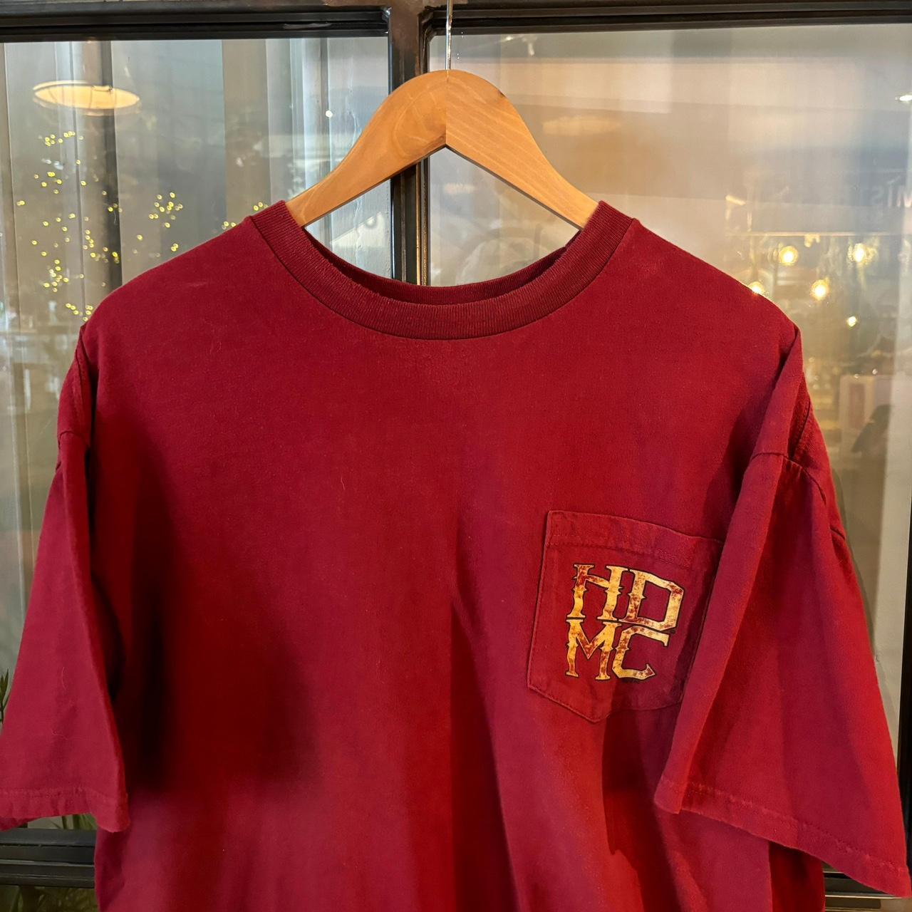 TEE413P - Vintage Retro Essential Burgundy Schaffers Harley Davidson  Graphic Print Pocket Top Tee T-shirt #90s #graphic #harleydavidson #biker