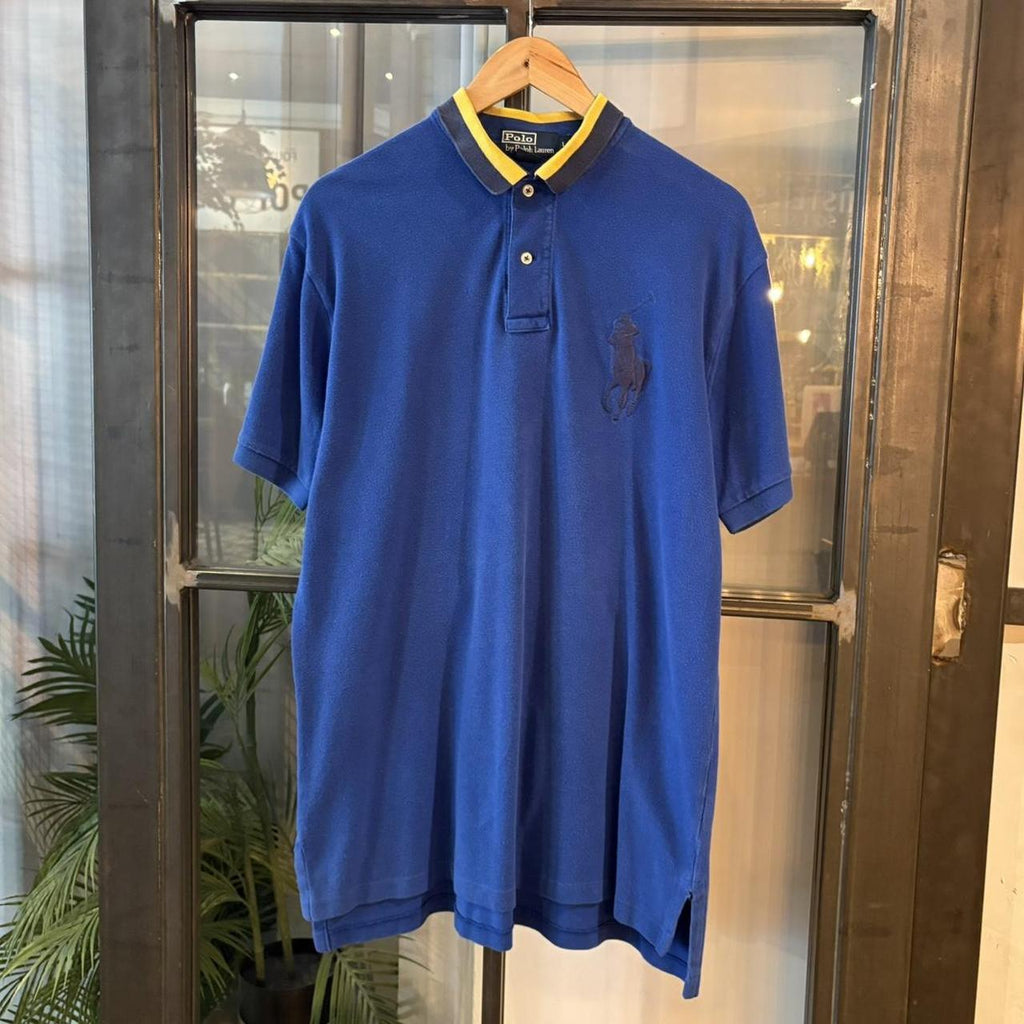 POL573F-P - Vintage Retro Ralph Lauren Blue Polo Shirt Short Sleeve collared button up top with Embroiderd Big Pony Logo #Y2K #preppy #chiefkeef #oldmoney #ralphlauren