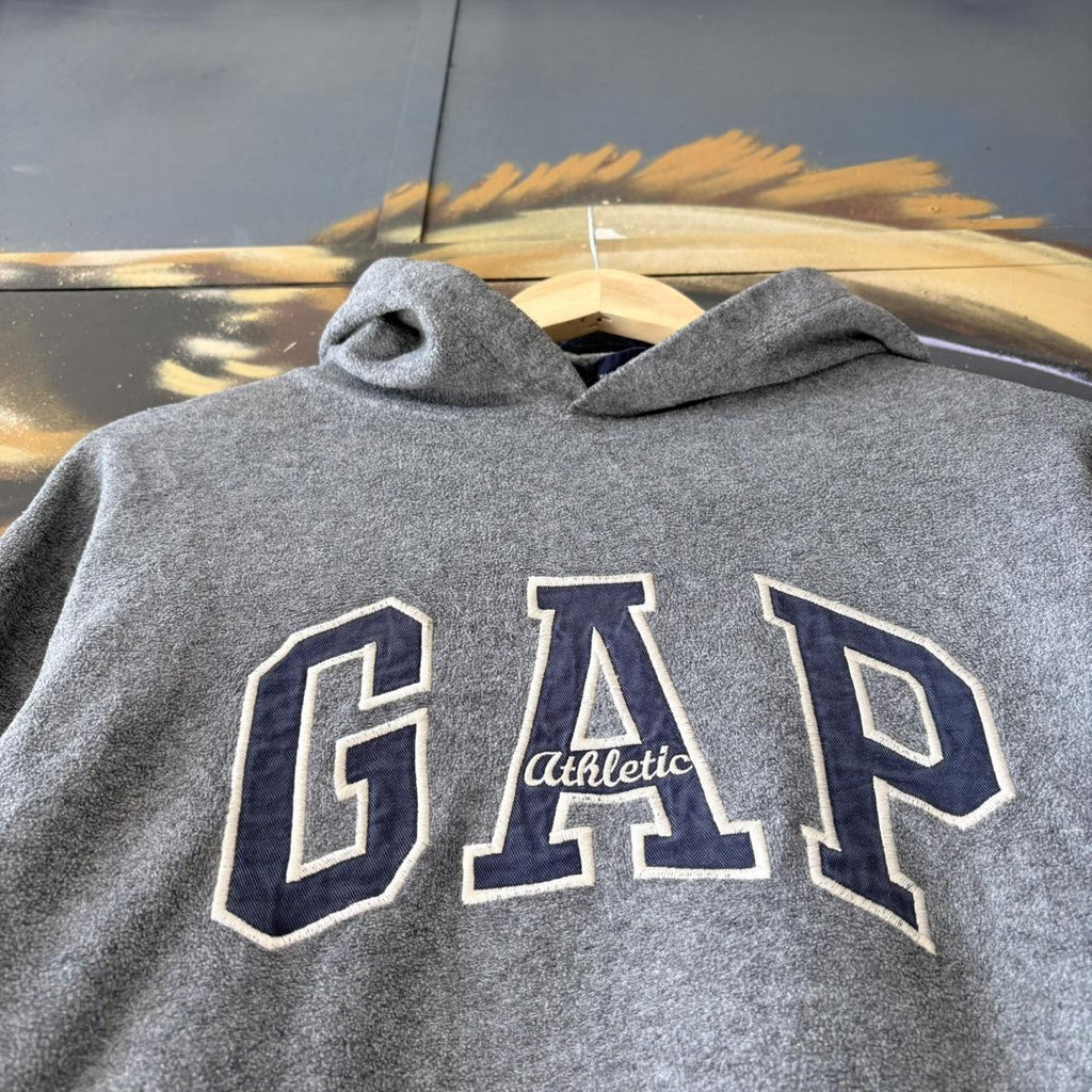 Vintage GAP Athletic Hoodie Sweatshirt Top Womens M Grey Spell Out Logo Pullover 90s Y2K Preppy
