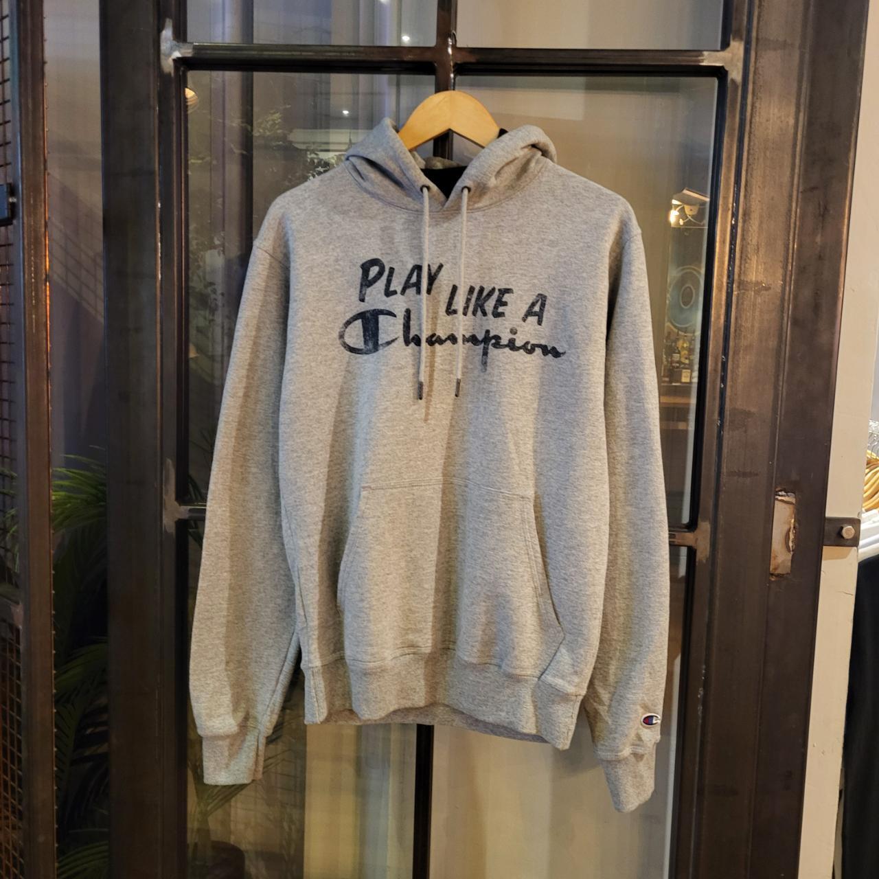 SWT308 - Vintage Retro Essential adult Champion Grey Hoodie sweatshirt jumper crewneck with big graphic 'Play Like A Champion' spellout centre chest embroidered logo 90s y2k style