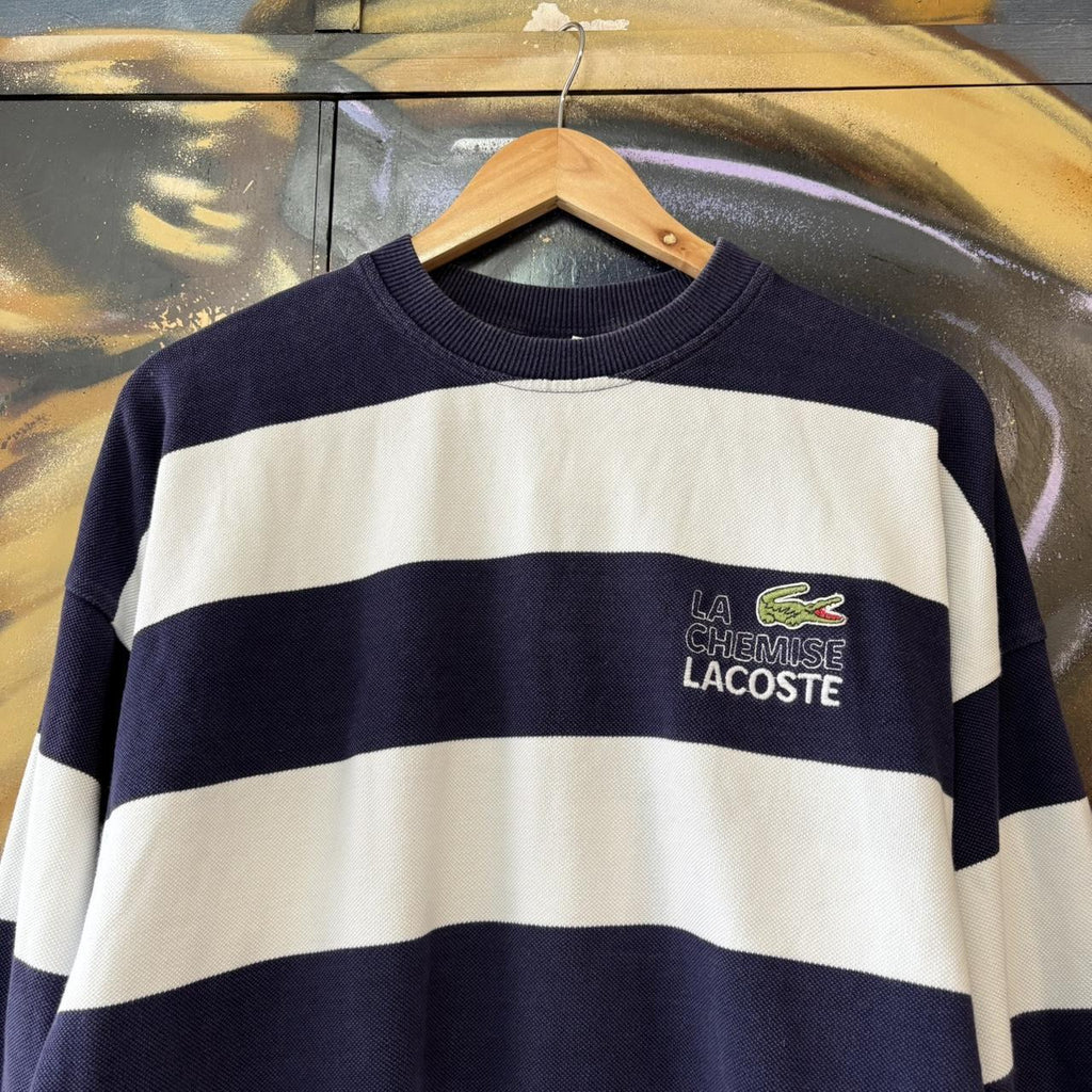 Vintage Lacoste Chemise Sweatshirt Mens Large Striped Crewneck Navy White Logo 90s Y2K