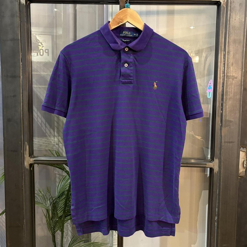 BR1209ML-F - Vintage Retro Ralph Lauren Purple and Green Striped Polo Shirt Short Sleeve collared button up top  #Y2K #preppy #chiefkeef #oldmoney #ralphlauren