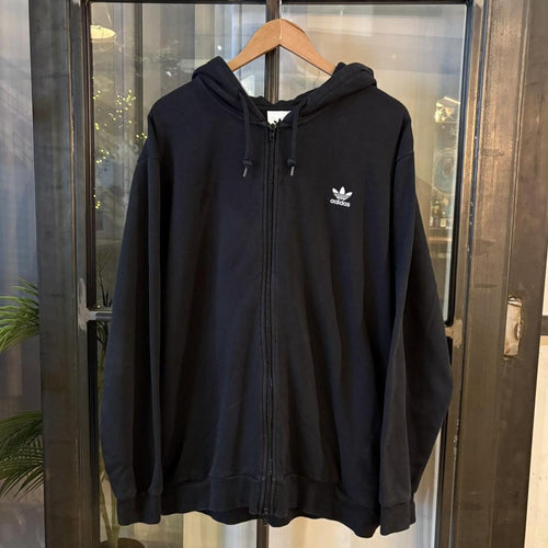 0325G74UF - Vintage Retro Essential Black Adidas Originals Full Zip Sweatshirt Hoodie with big spellout embroidered and print logo #hoodie #sportswear #essential #adidas #y2k