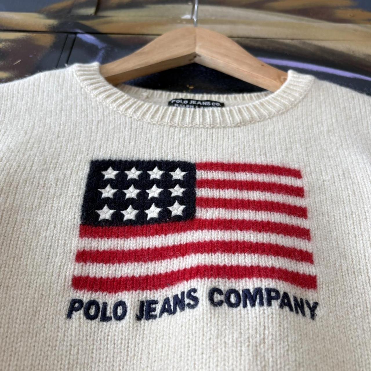 Vintage Polo Ralph Lauren Jumper Womens Medium Cream Lambswool Knit Top Big Flag USA Preppy 90s Y2K