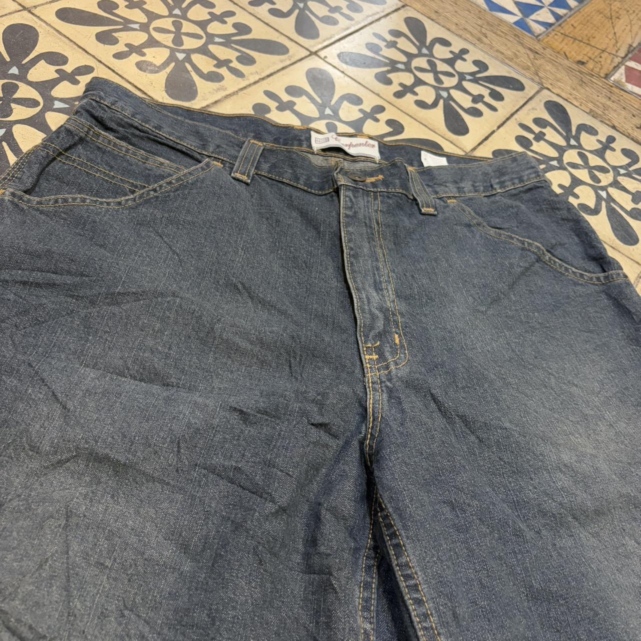 JRT414P - American Vintage Retro Essential Faded Glory Mid Blue Indigo Wash Denim Shorts Jorts with gold contrast stitching detailed patch Logo hip hop baggy wide leg 90s 00s y2k grunge streetwear style workwear #hiphop #90s #jorts #skater #fadedglory
