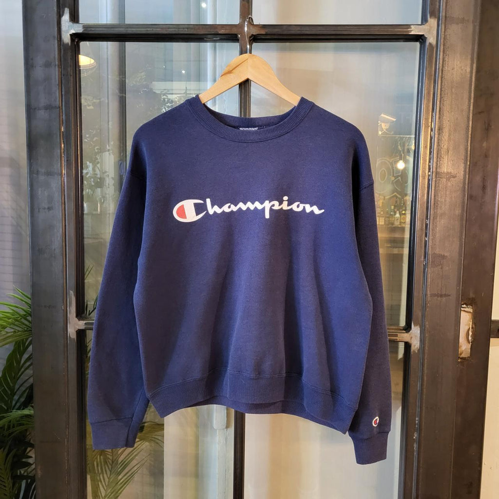 SWT280 - Vintage Retro Essential Champion Navy sweatshirt jumper crewneck with graphic print spellout chest logo #essential #champion #Casual