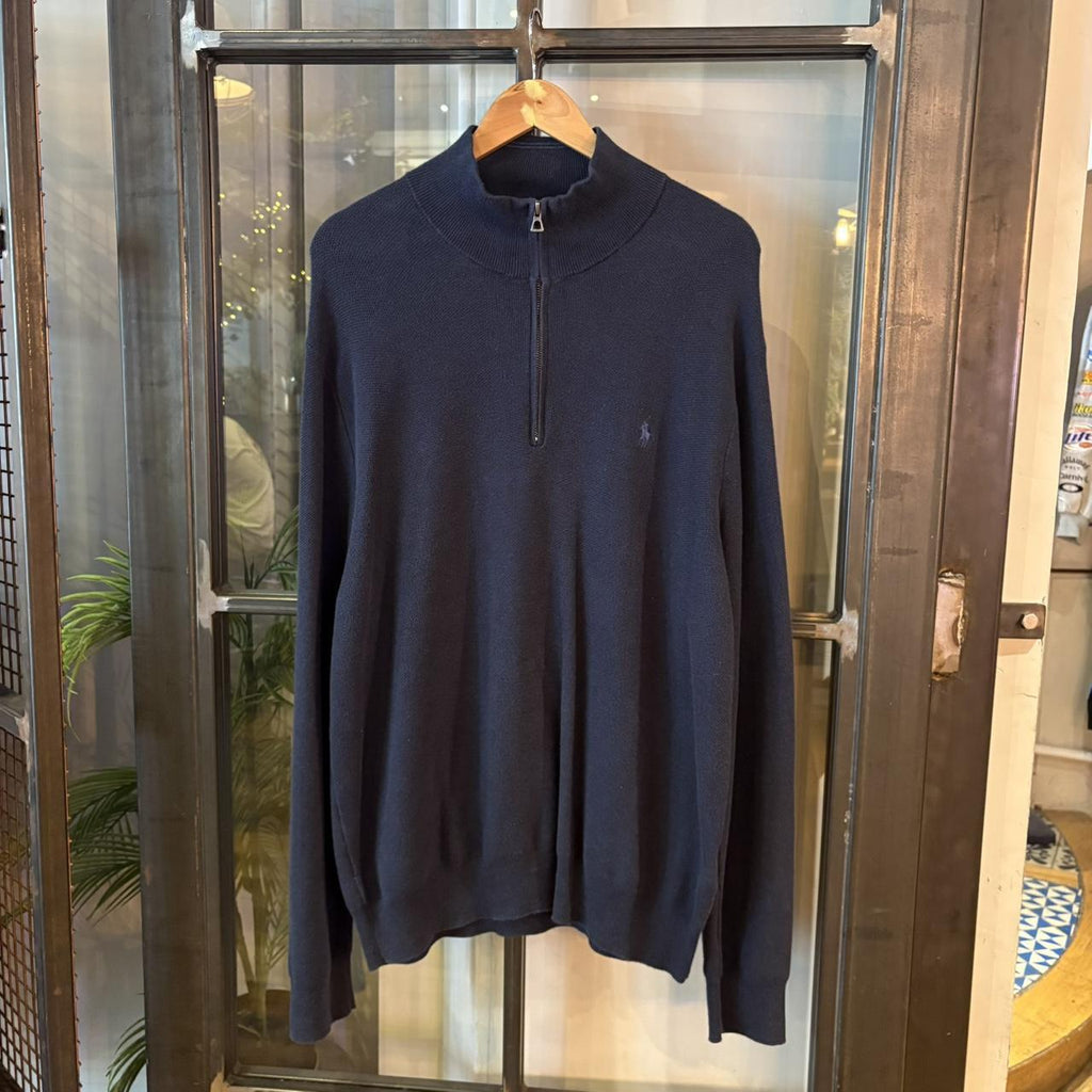 0125D76F - Vintage Retro Essential Navy Polo Ralph Lauren 1/4 Zip Fleece Jumper Sweatshirt with embroidered logo #y2k #pimacotton #poloralphlauren #oldmoney #preppy
