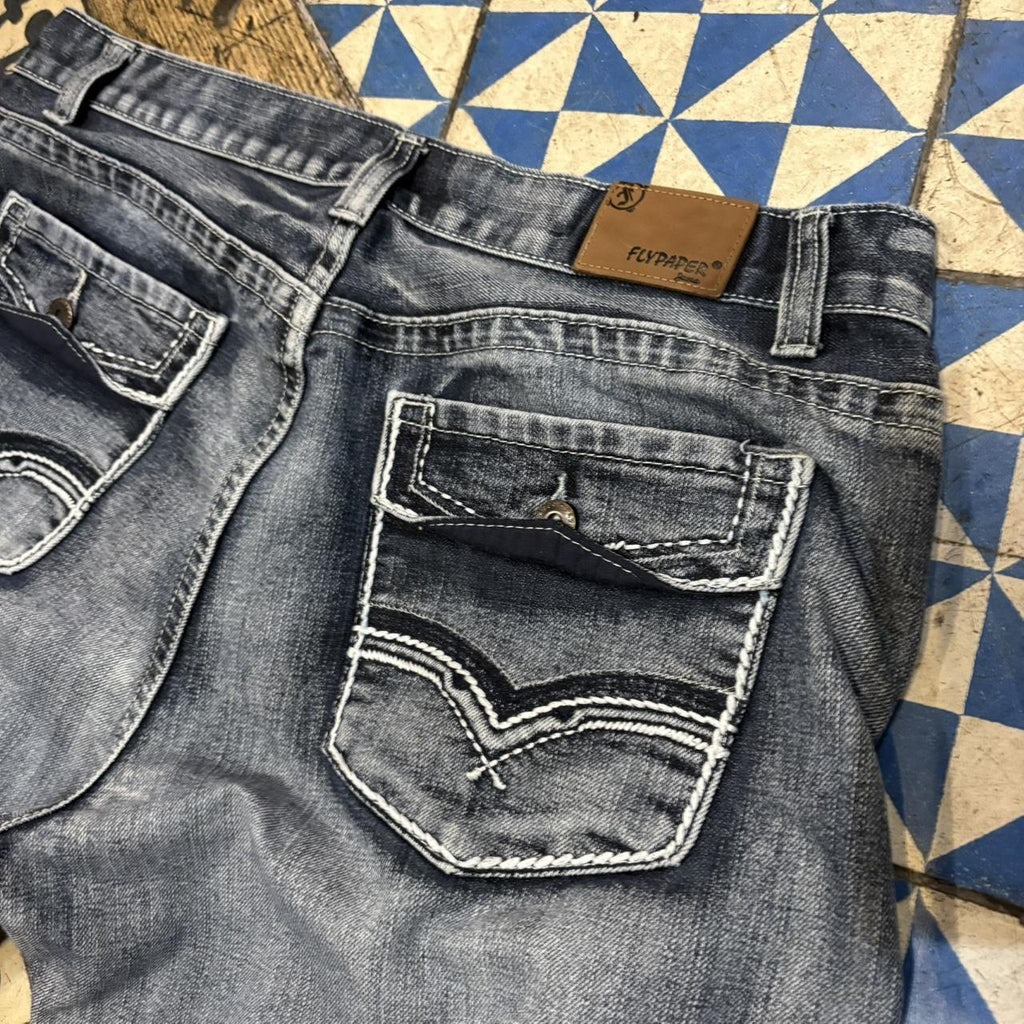 TRW367 - Vintage retro essential Flypaper Blue Wash Denim boot cut Jeans Trousers pants casual workwear skate #denim #bootcut #flypaper #cowboy #y2k