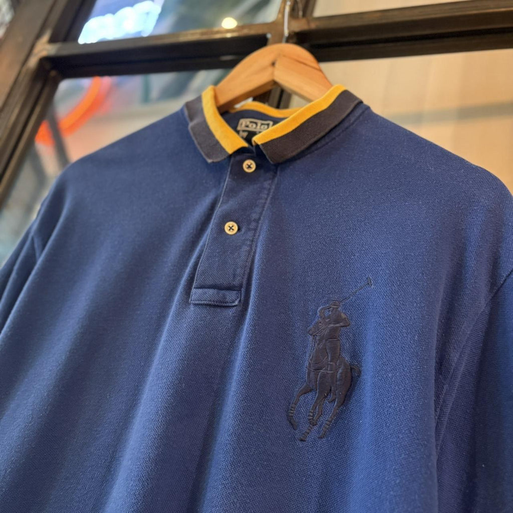POL573F-P - Vintage Retro Ralph Lauren Blue Polo Shirt Short Sleeve collared button up top with Embroiderd Big Pony Logo #Y2K #preppy #chiefkeef #oldmoney #ralphlauren