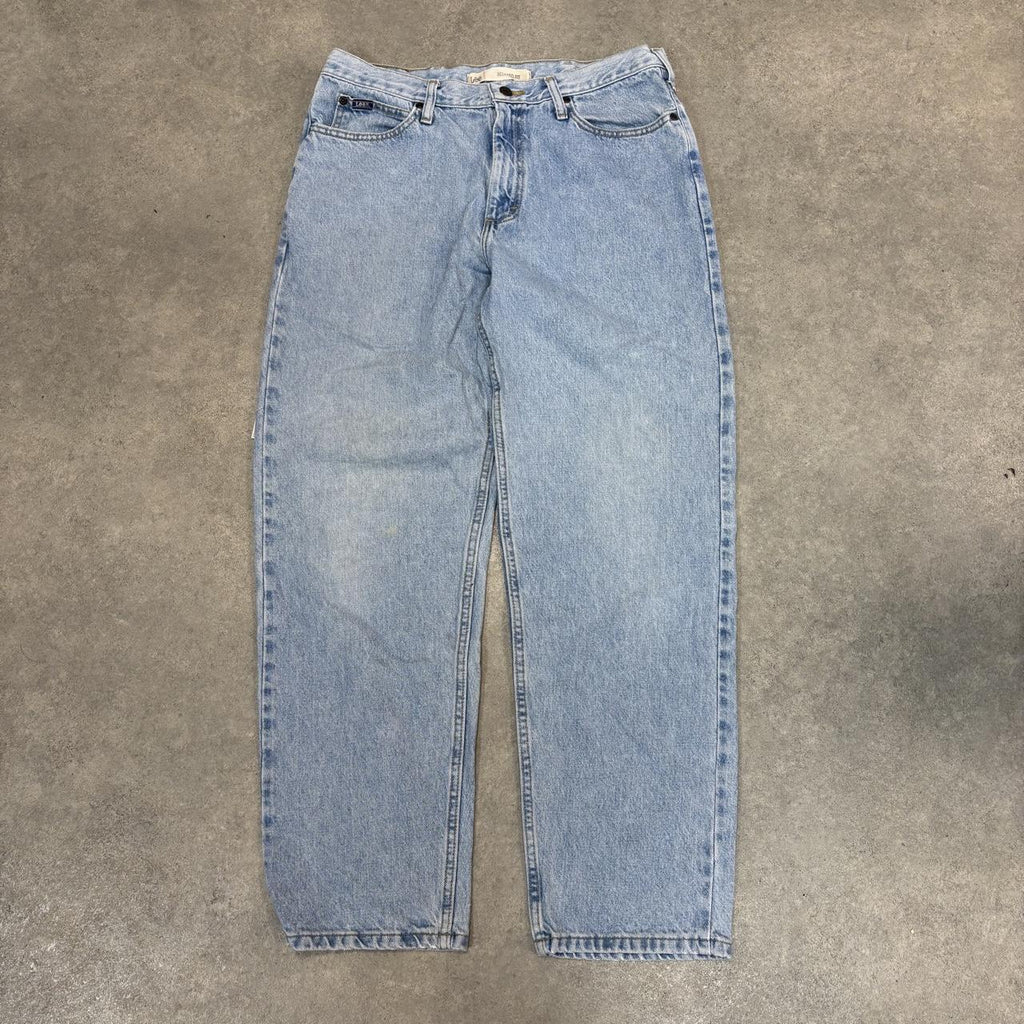 Vintage Lee Jeans Mens 34x30 Light Blue Wash Denim Wash Relaxed Straight Leg Trousers Cowboy Western USA 90s Y2K