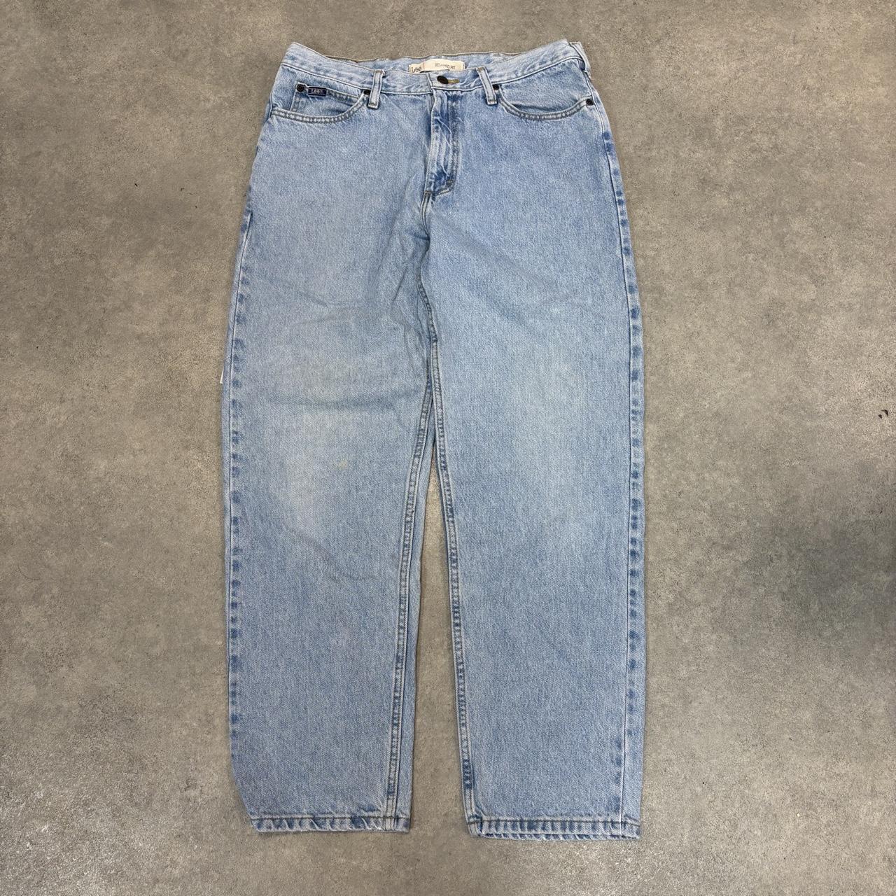 Vintage Lee Jeans Mens 34x30 Light Blue Wash Denim Wash Relaxed Straight Leg Trousers Cowboy Western USA 90s Y2K