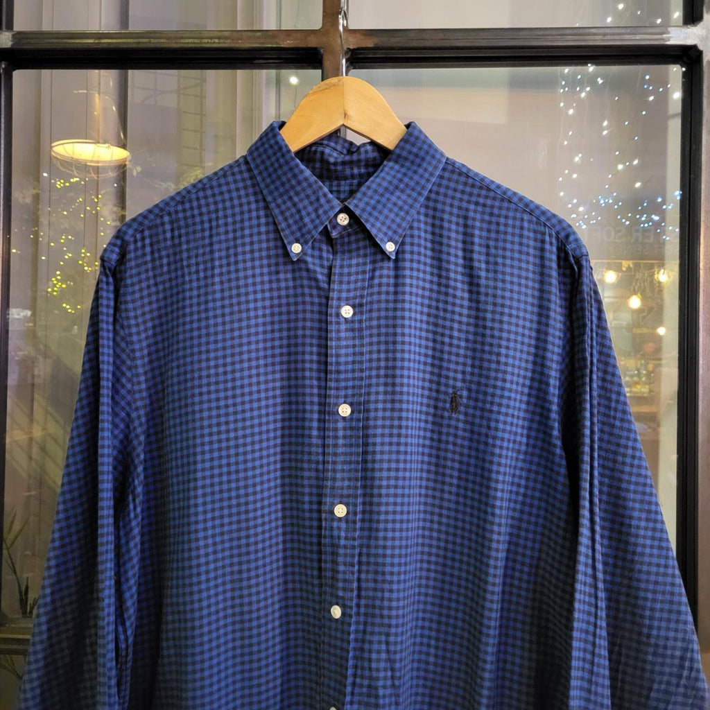 RLS036-P - Vintage Ralph Lauren Navy Blue Checekered Button Up Shirt Longsleeve collared top #Y2K #preppy #smartcasual #golf #oldmoney
