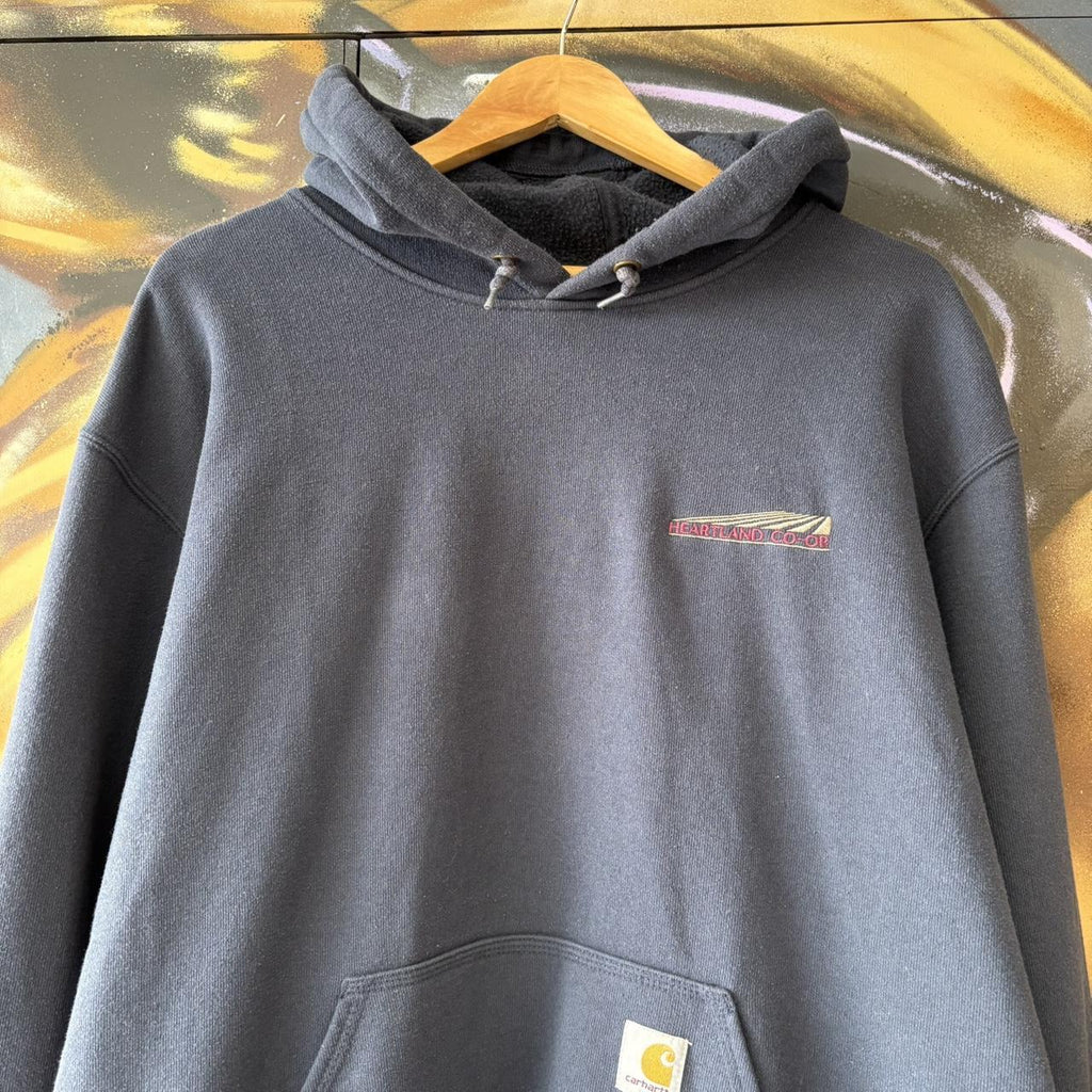 Carhartt WIP Hoodie Mens XL Navy Logo Spellout Sweatshirt Streetwear Skate Pullover Kangaroo Pouch Jumper Top 90s Y2K