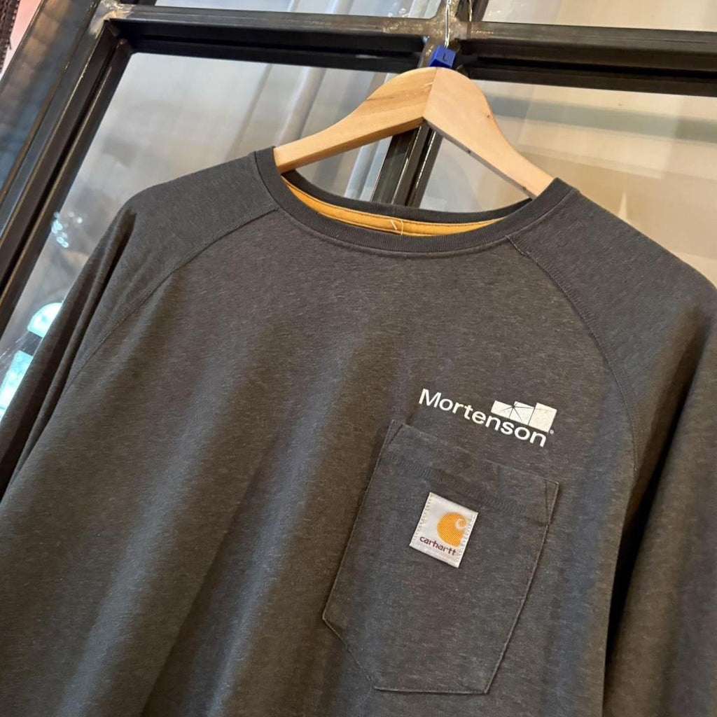 TEE526F - Vintage Retro Essential Grey Carhartt Pocket Longsleeve Top Tee T-shirt with embroidered patch logo #skater #workwear  #carhartt #y2k #longsleeve